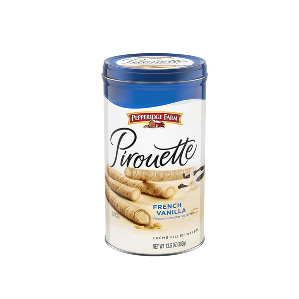 Lata de obleas rellenas de crema Pepperidge Farm Pirouette de 13.5 oz (vainilla francesa)