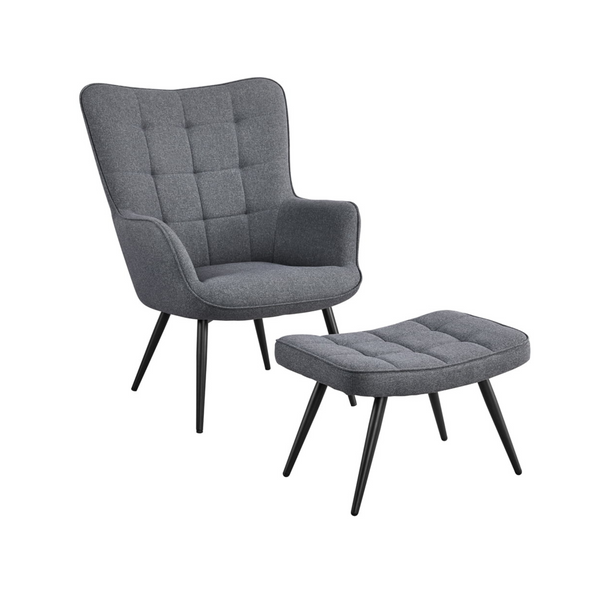 Easyfashion Mid-Century Modern Fabric Wingback Accent Chair with Ottoman