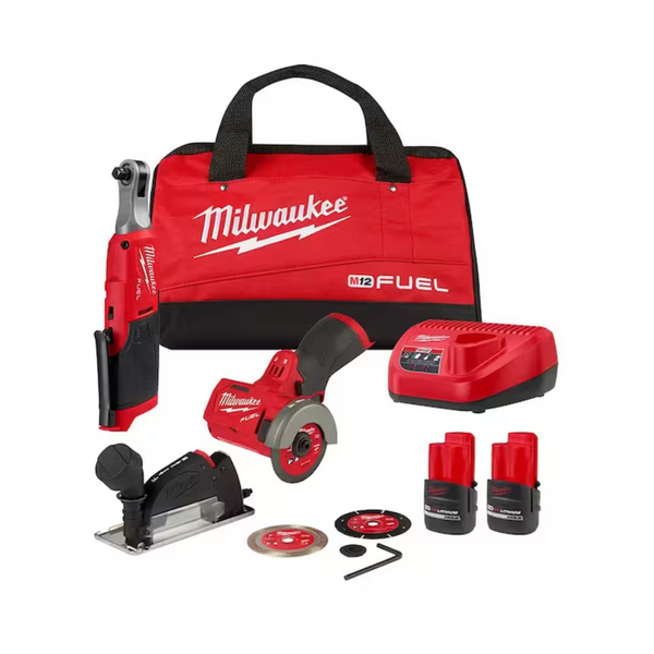 Milwaukee M12 FUEL Combinación de trinquete inalámbrico de 3/8" y sierra cortadora de 3" con 2 baterías
