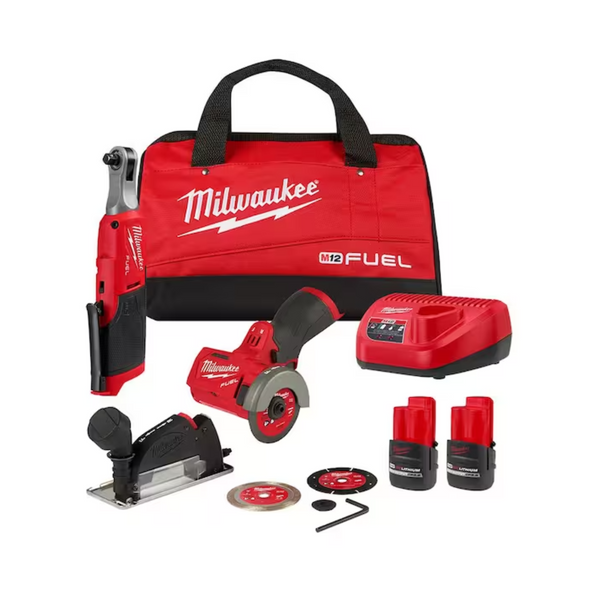 Milwaukee M12 FUEL Cordless 3/8" Ratchet & 3" Cut Off Saw Combo w/ 2 Batteries