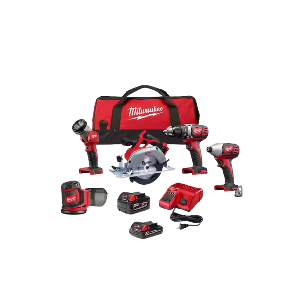 Kit combinado inalámbrico Milwaukee M18 de 18 V de 5 herramientas con 2 baterías, cargador y bolsa de herramientas