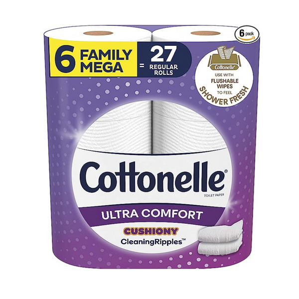 Papel higiénico Cottonelle Ultra Comfort con textura suave y ondulada, papel de baño resistente, 6 megarollos familiares (6 megarollos familiares = 27 rollos normales)