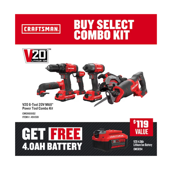 Kit combinado de 6 herramientas Craftsman V20 con 2 baterías de 2 Ah + 1 batería de 4 Ah y cargador