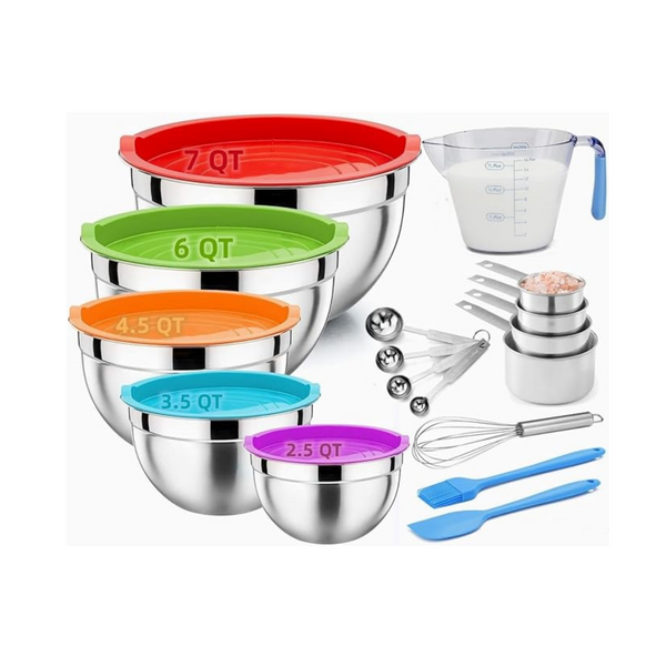 Juego de tazones grandes para mezclar de acero inoxidable de 23 piezas y herramientas para hornear