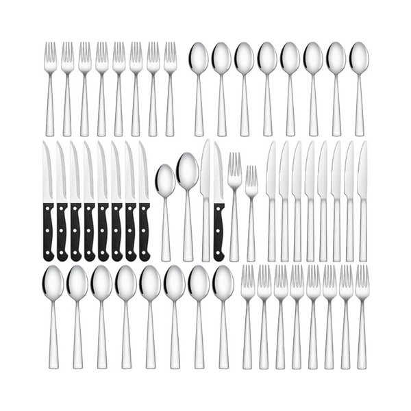 Juego de cubiertos de acero inoxidable plateado de 48 piezas