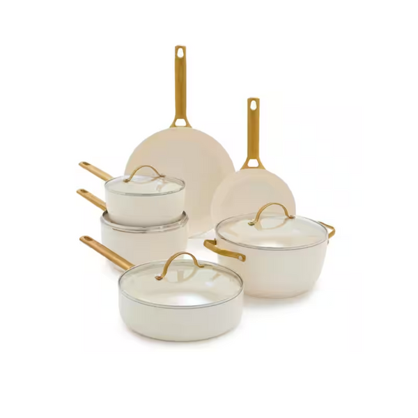 Juego de utensilios de cocina antiadherentes de cerámica y aluminio anodizado GreenPan Reserve de 10 piezas (crema)