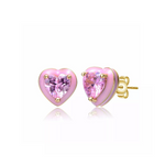 14k Yellow Gold Plated with Pink Cubic Zirconia and Pink Enamel Halo Heart Stud Earrings