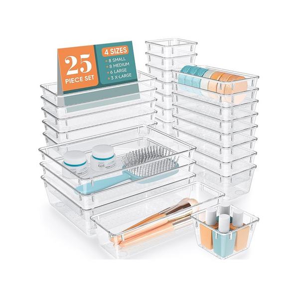 25-Pc Clear Plastic Drawer Organizer Set