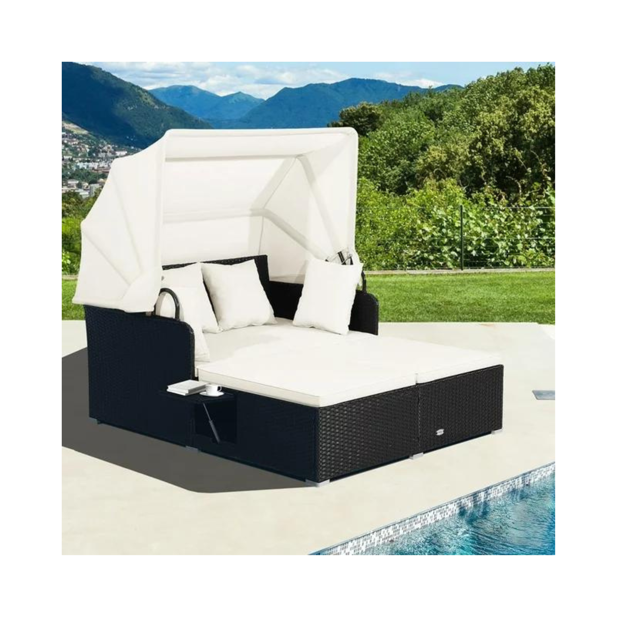 Patio Daybed Lounge w/ Retractable Top Canopy, Side Tables, Cushions