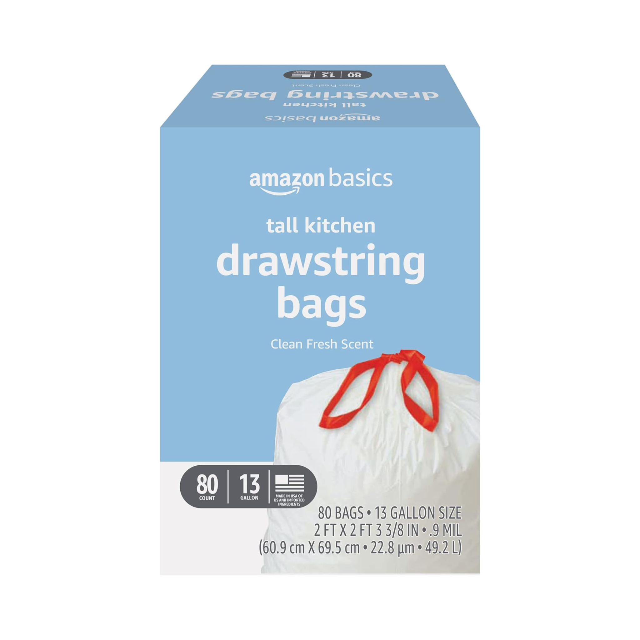 80-Count Amazon Basics Tall Kitchen Drawstring Trash Bags, 13 Gallon