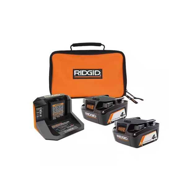 2-Pack Ridgid 4Ah 18V Batteries w/ Charger & Bag