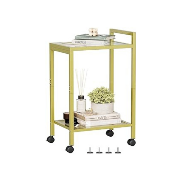 2-Tier Side Table Mobile Cart With Tempered Glass