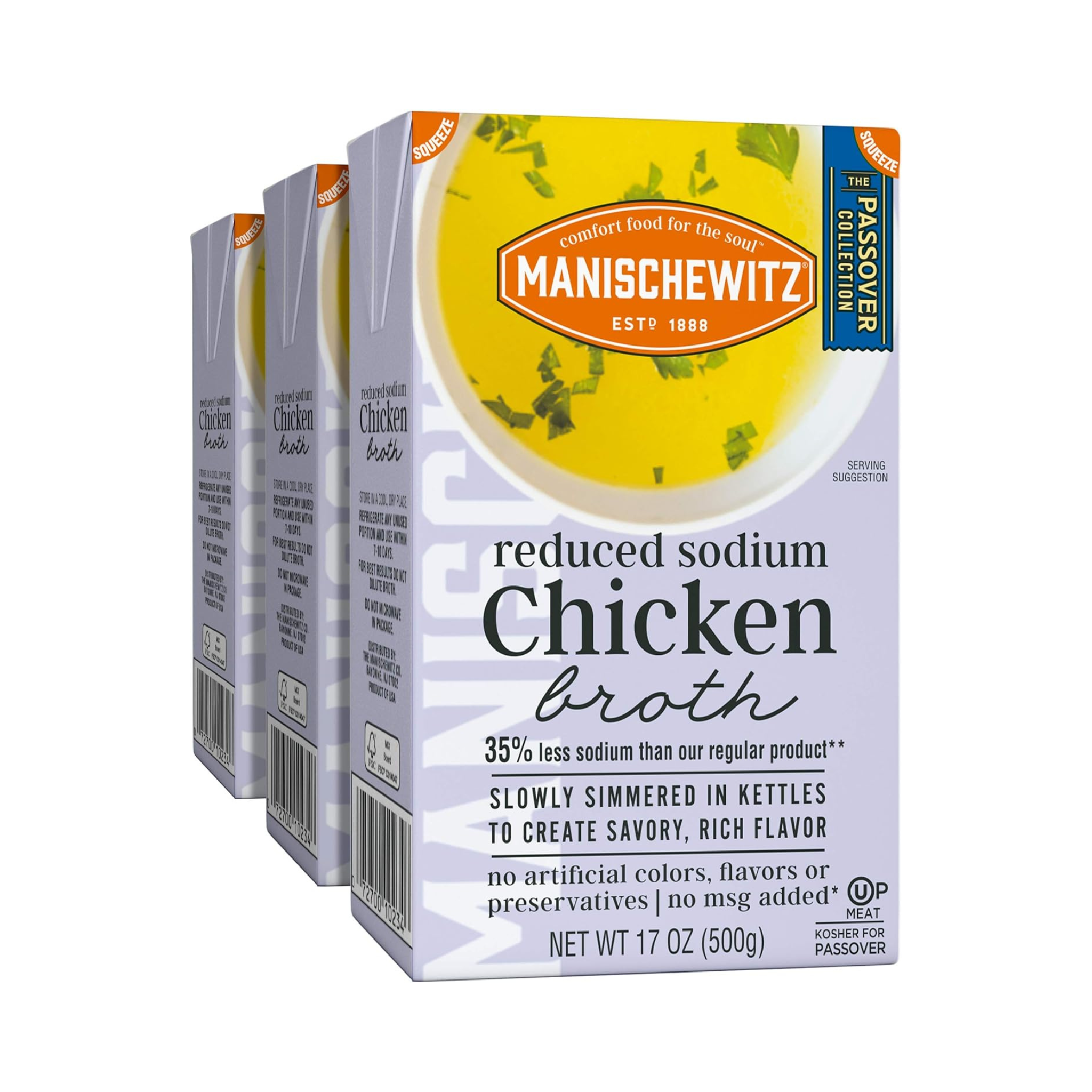 Manischewitz Reduced Sodium Chicken Broth, OU Passover, 3 Pack