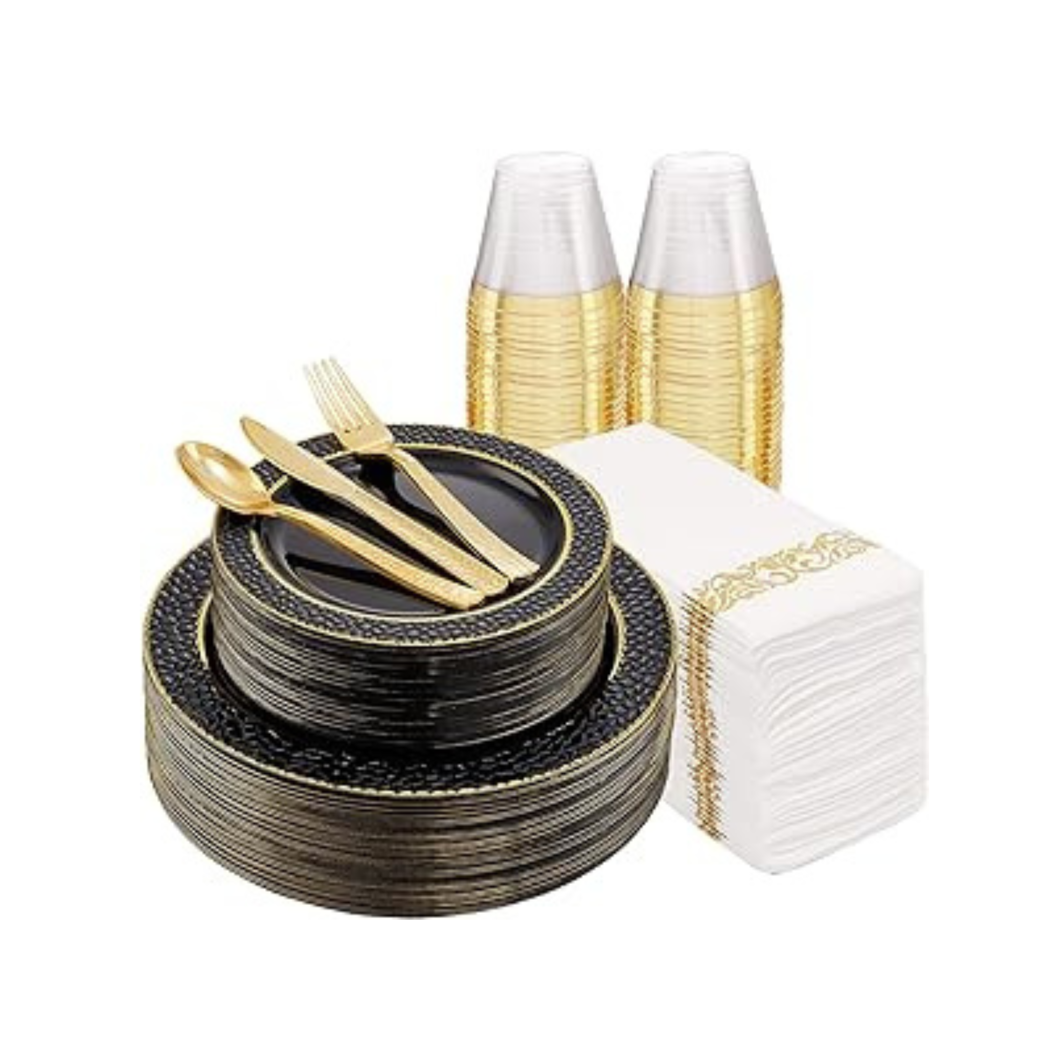 175 Piece Set Of Gold Rim & Black Disposable Dinnerware Set