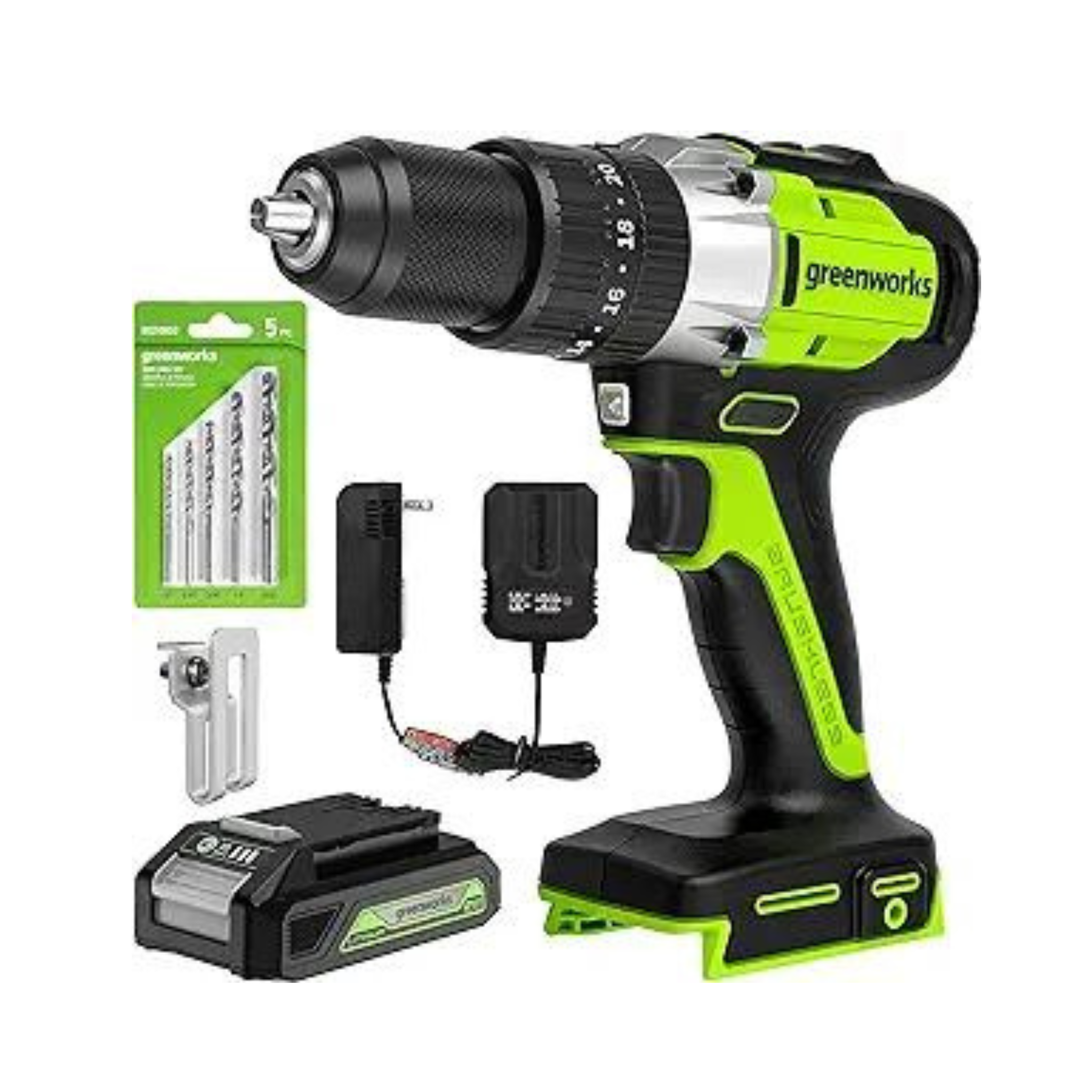 Greenworks 24V Brushless Hammer Drill + 5-Pc Drill Bits, 2.0Ah Battery & Charger