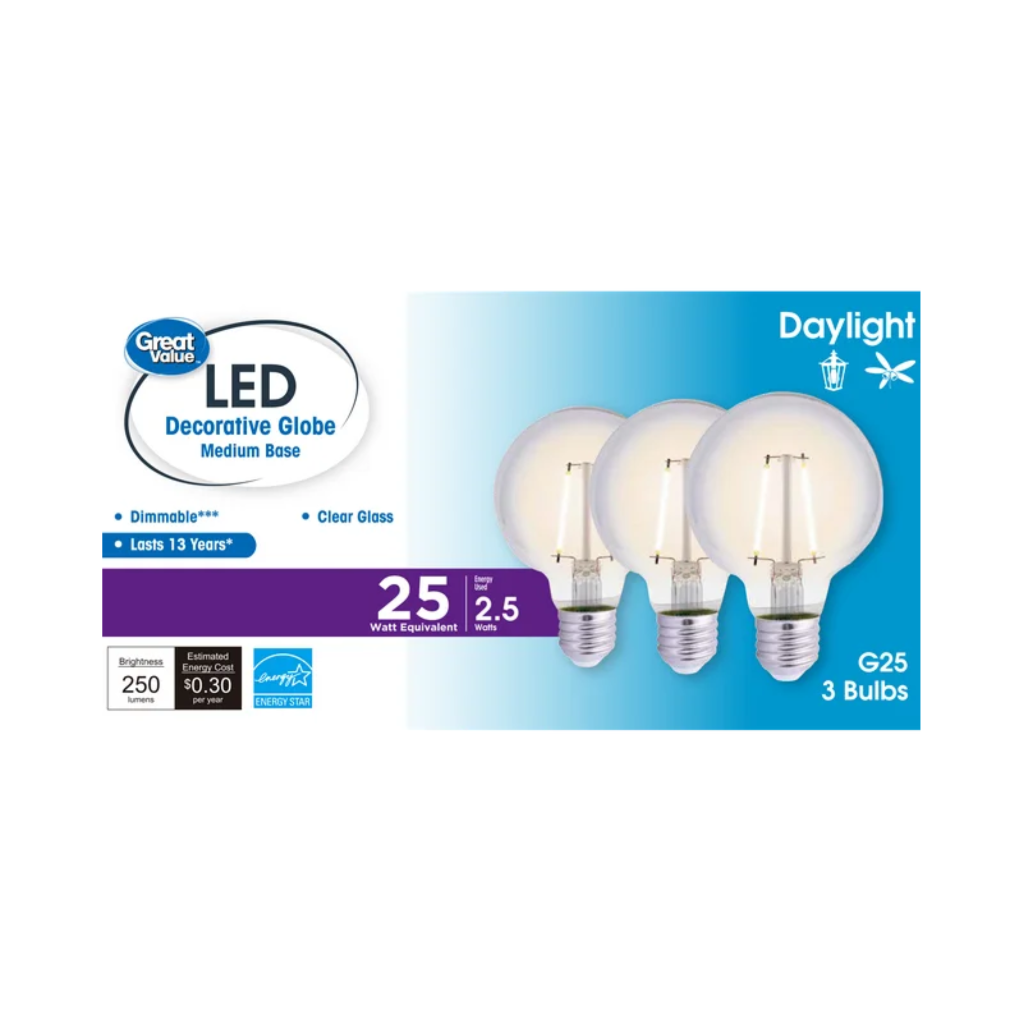 3-Pack Great Value G25 2.5-Watt (25W Equivalent) Daylight LED Bulb
