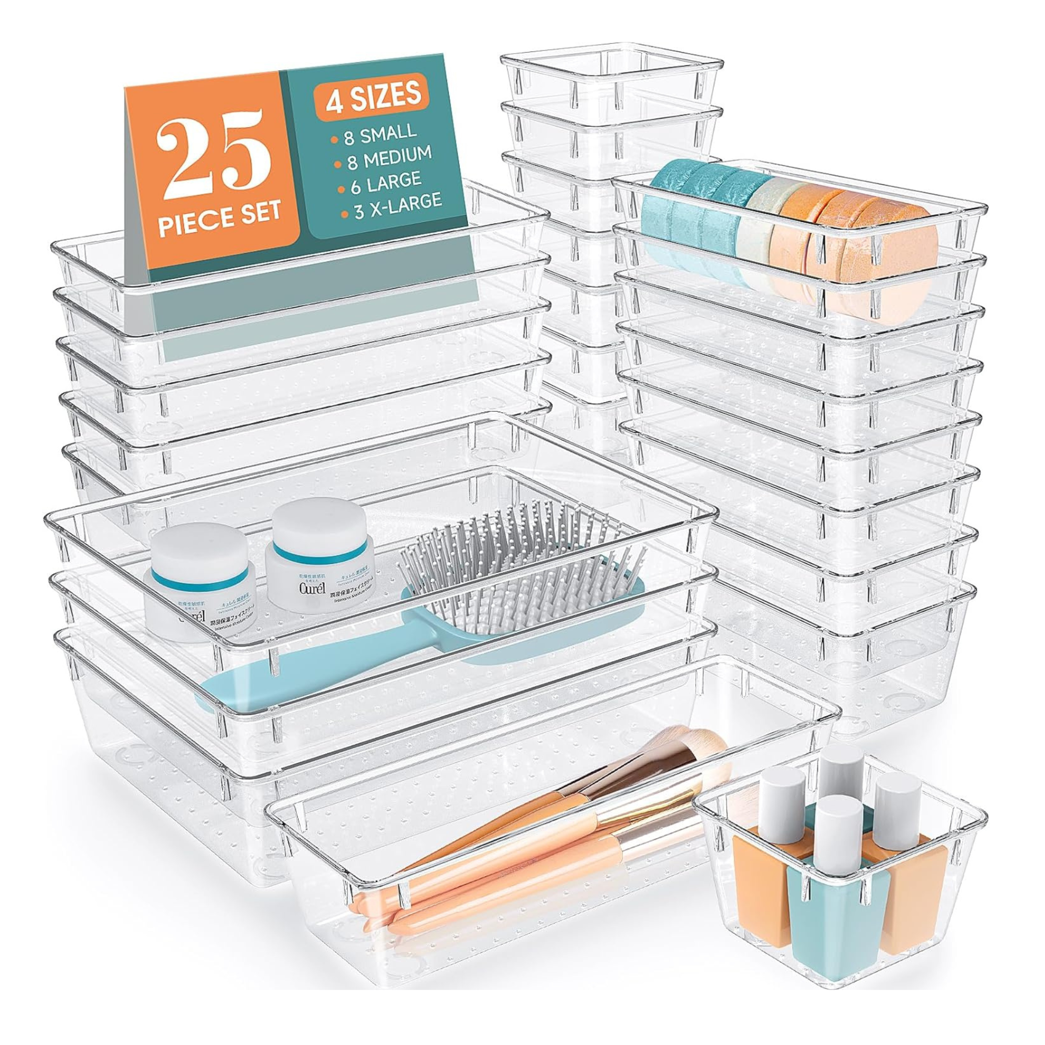 25 Pcs Clear Plastic Drawer Organizer Set