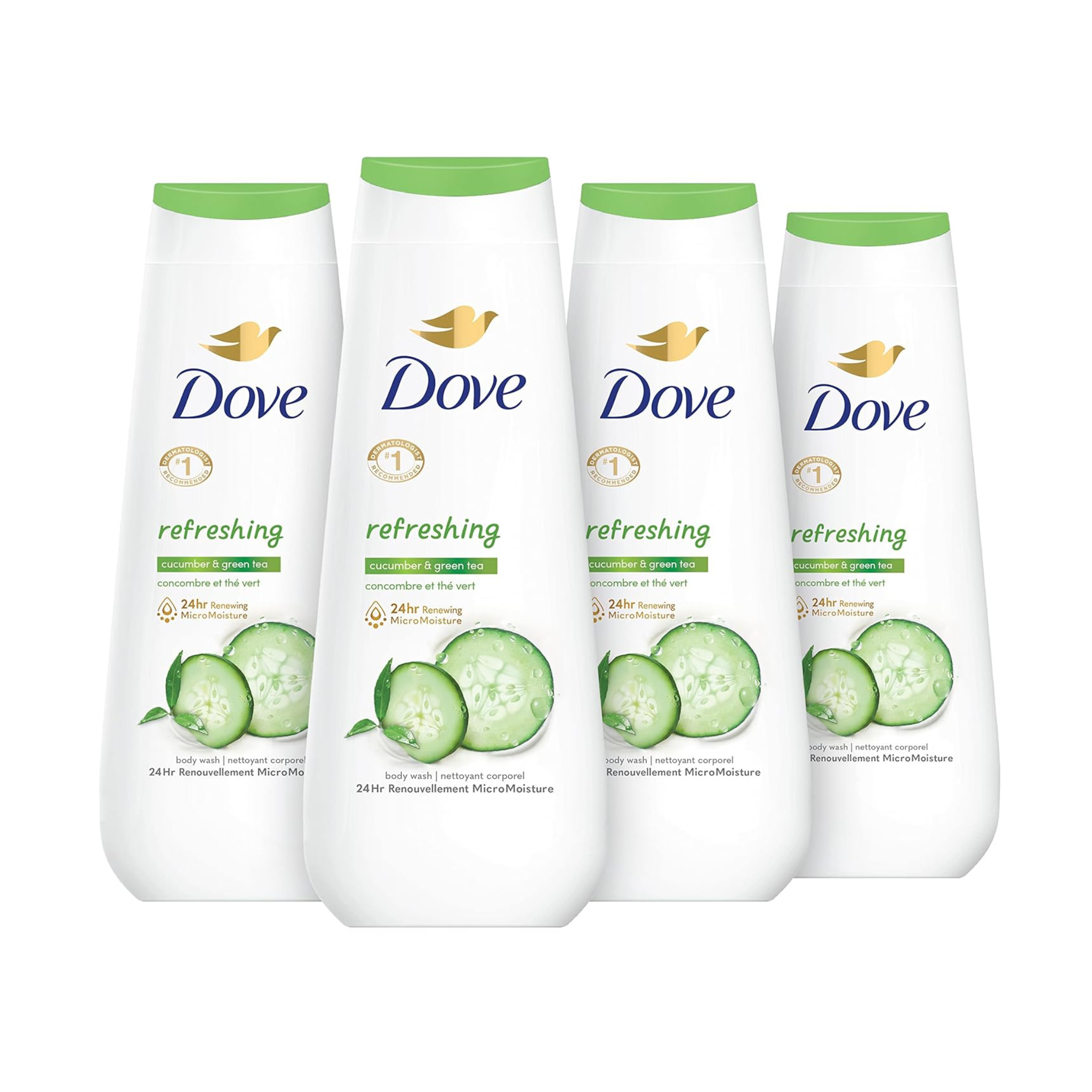 4 Bottles of Dove Body Wash Refreshing Cucumber & Green Tea Skin Cleanser For