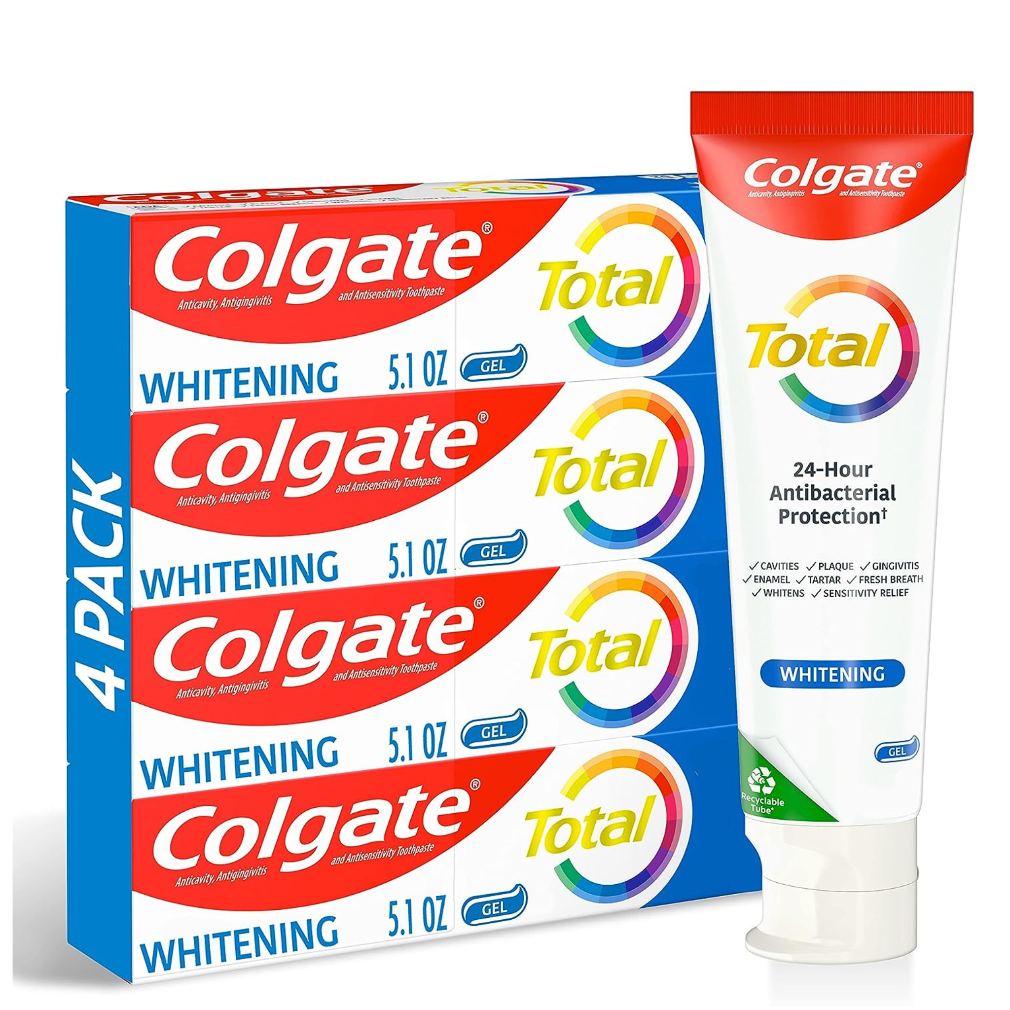 Colgate Total Whitening Toothpaste Gel, Mint Flavor, 4 Pack