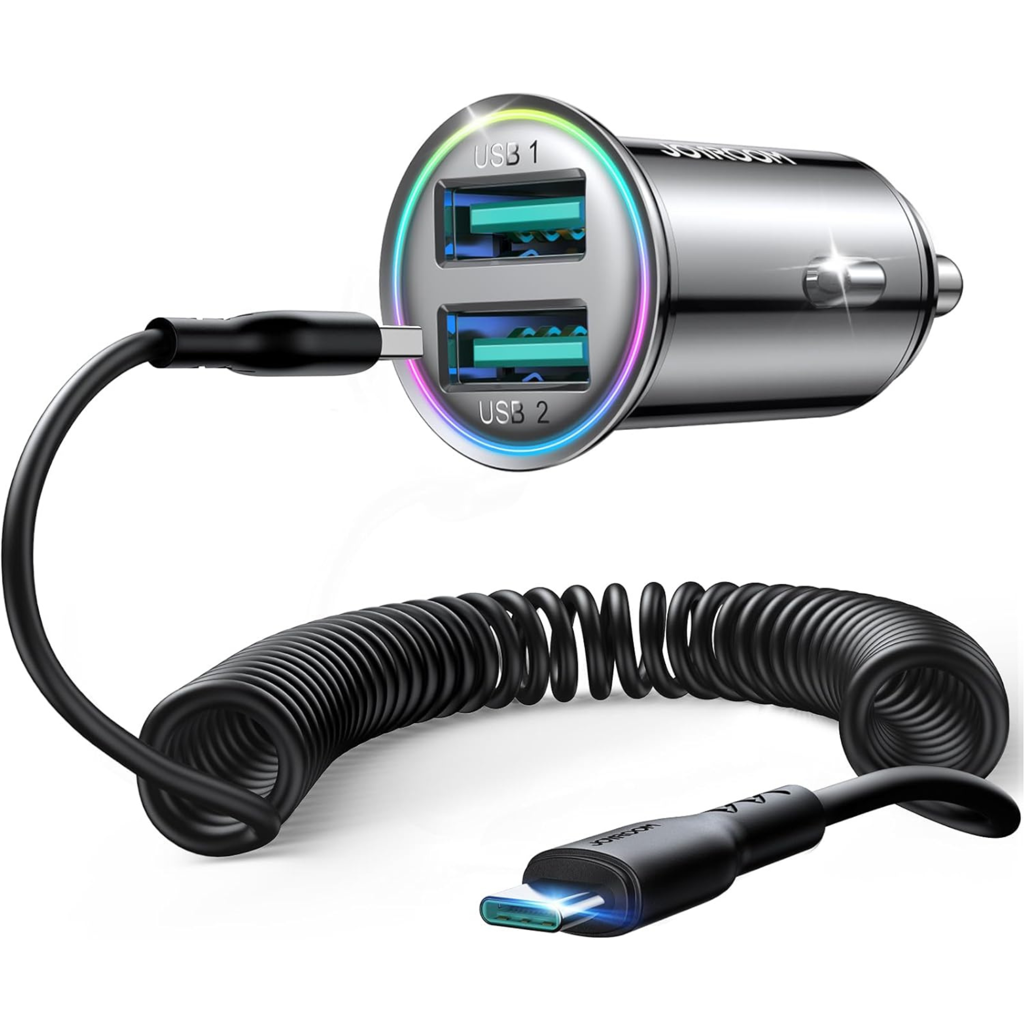 Car Phone USB Charger with Type-C Coiled Cable