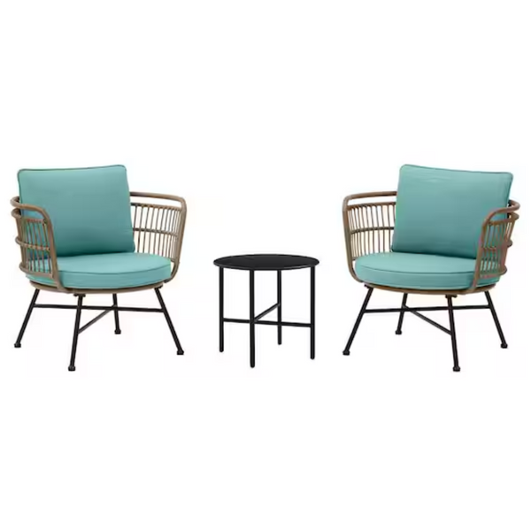 3-Piece Stylewell Shiloh Valley Black Steel Outdoor Bistro Set w/ Aloe Cushions