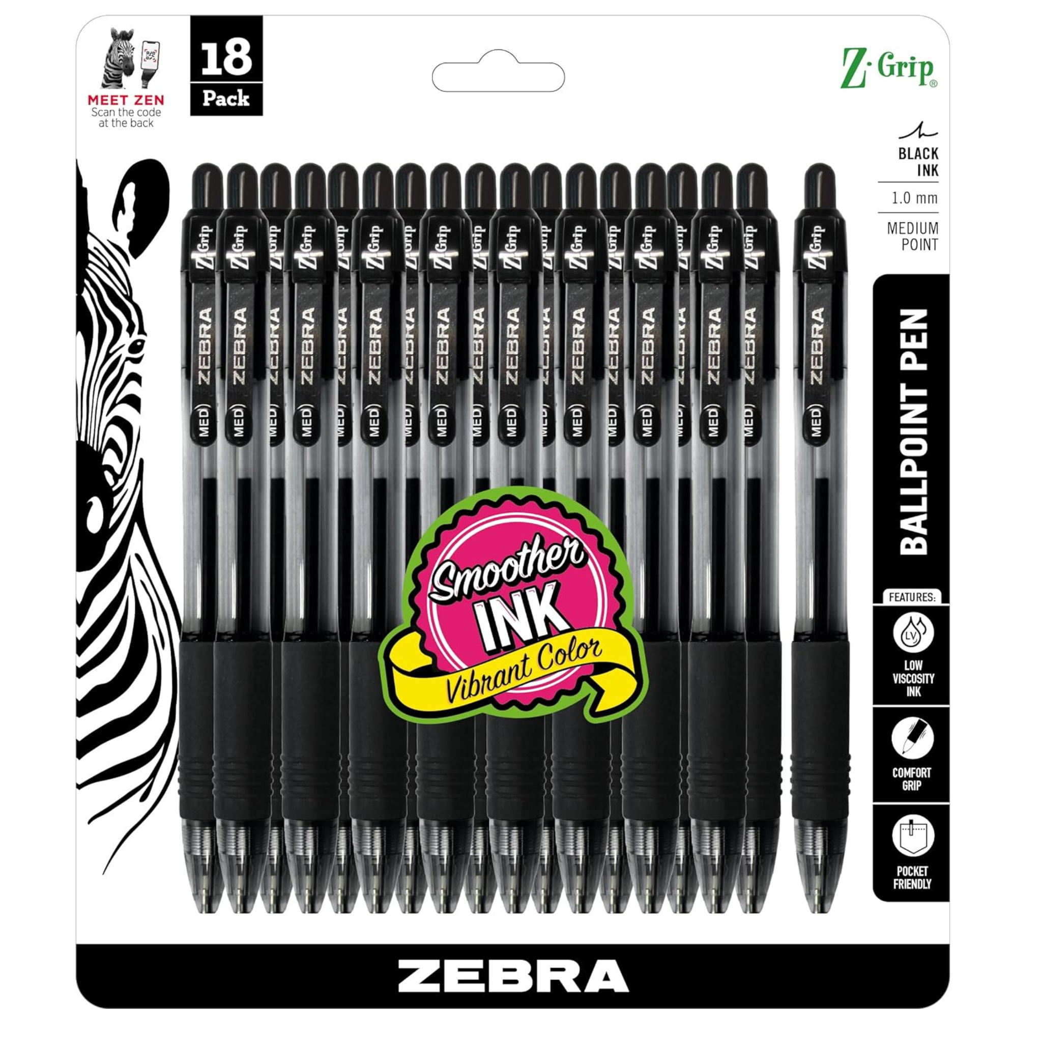 Zebra Pen Z-Grip Retractable Ballpoint Pen, Medium Point, Black Ink, 18-Pack