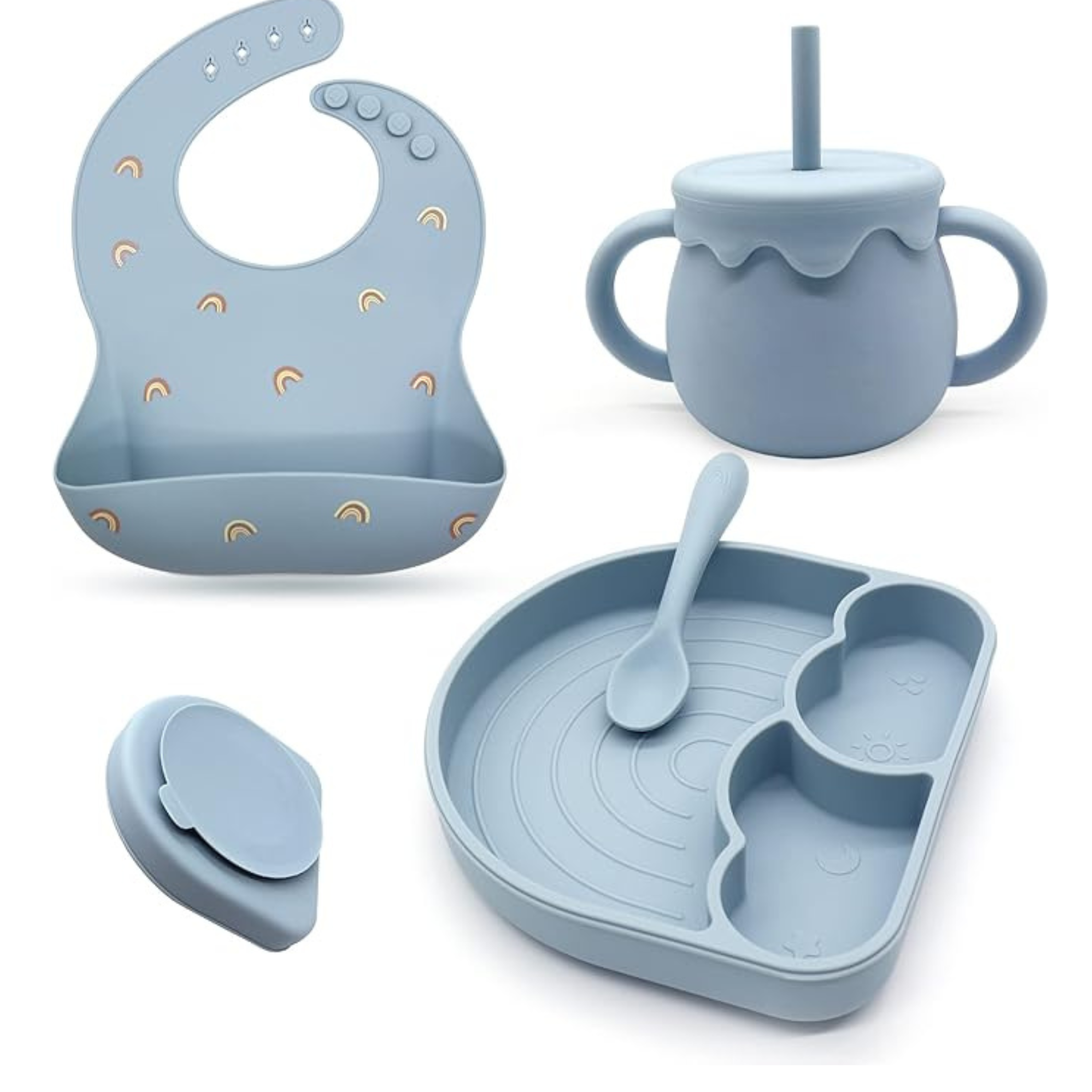 Baby Feeding Set: Divided Plate, Silicone Bib, Sippy Cup, and Spoon