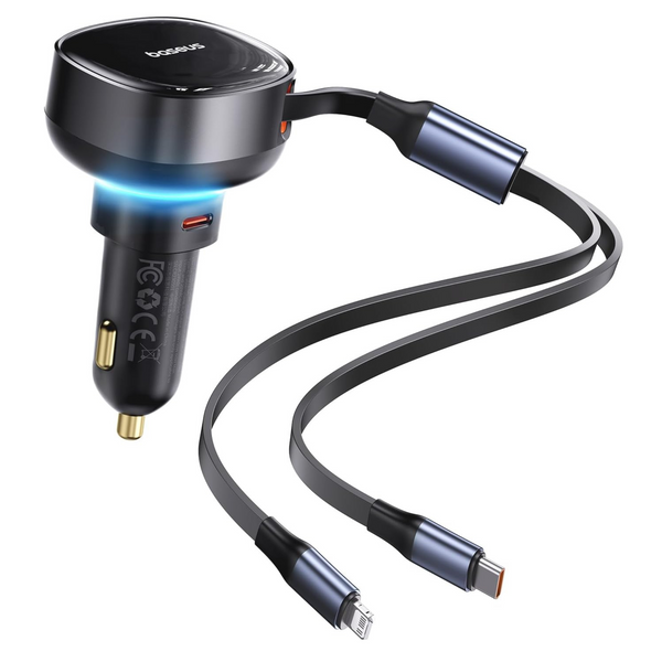 Baseus 3-in-1 60W (30W+30W) Car Charger w/ Retractable USB-C & IOS Cables