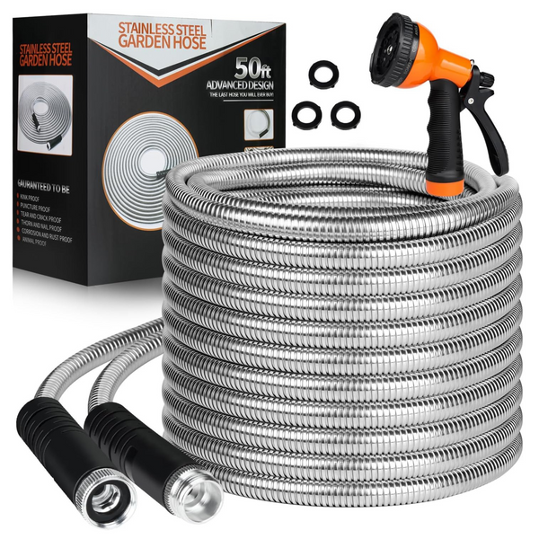HDKing 50ft Flexible Metal Garden Hose with 10 Function Nozzle