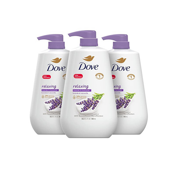 3 botellas de gel de baño Dove con bomba de aceite de lavanda relajante