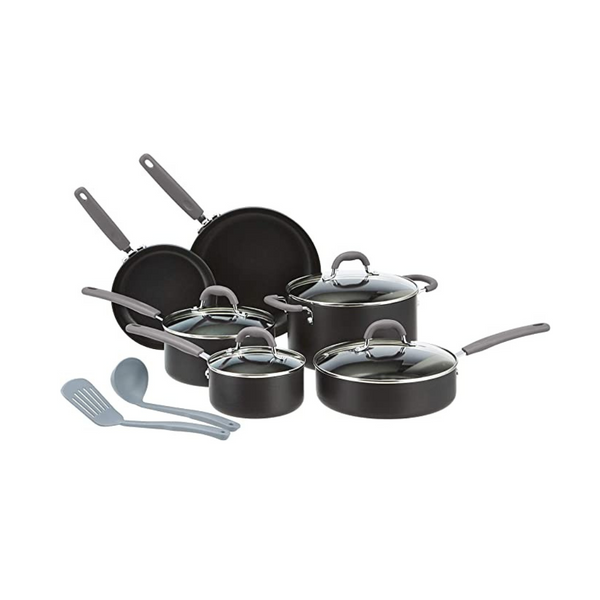 Amazon Basics Hard Anodized Non-Stick 12-Piece Cookware Set, Grey - Pots, Pans and Utensils