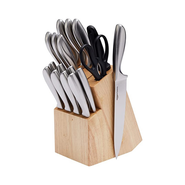 Amazon Basics Juego de cuchillos de agarre cómodo de acero inoxidable de 18 piezas con bloque