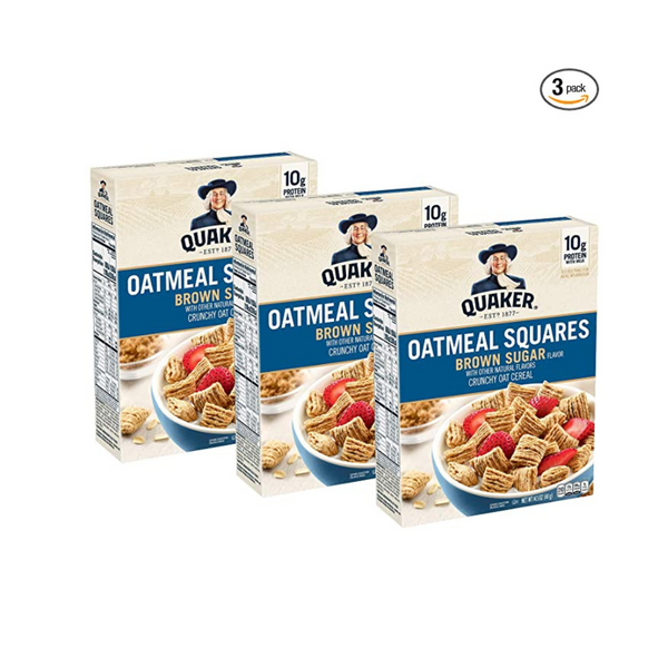 Paquete de 3 cereales para el desayuno Quaker Oatmeal Squares, azúcar moreno