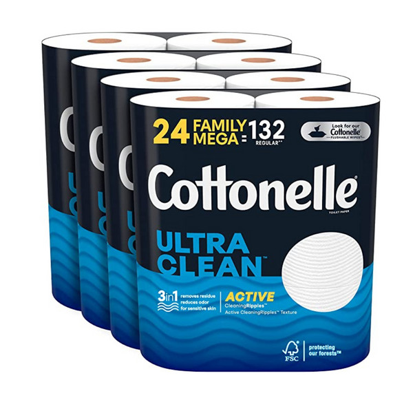 24 megarollos familiares (= 132 rollos normales) de papel higiénico Cottonelle