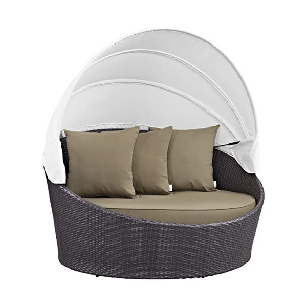 Modway Convene Wicker Rattan Outdoor Patio Retractable Canopy Round Poolside Sofa Daybed