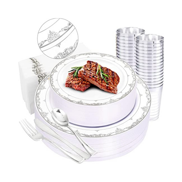 Flowercat 175 Pcs Silver & White Plastic Disposable Dinnerware Set