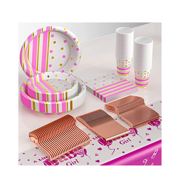 141 Pcs Pink and Gold Disposable 20 Guest Party Dinnerware Set