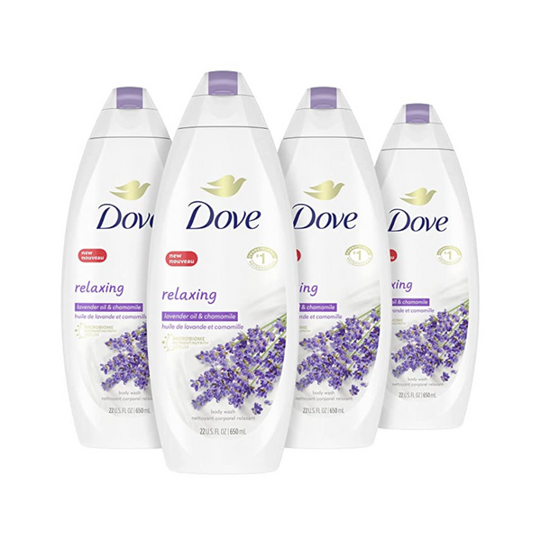 4 botellas de gel de baño Dove para una piel más suave y tersa con aceite de lavanda y manzanilla
