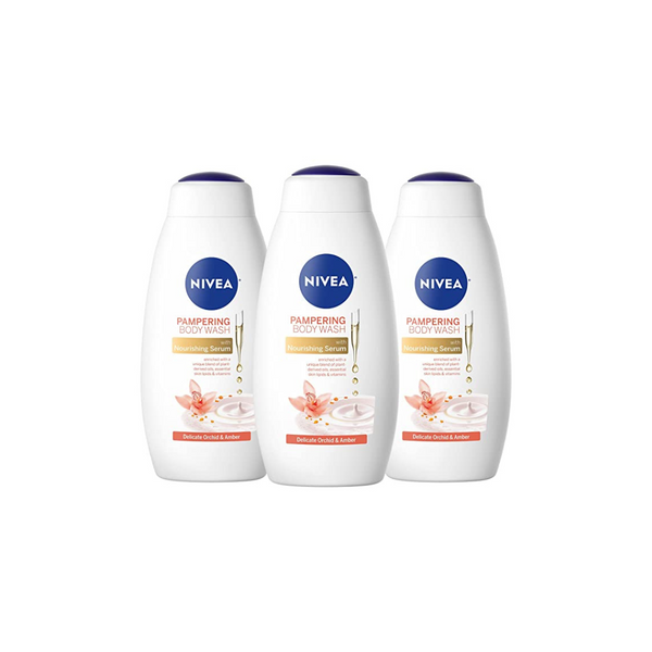 3 botellas de gel de baño delicado de orquídea y ámbar NIVEA con suero nutritivo (botellas de 20 onzas líquidas)