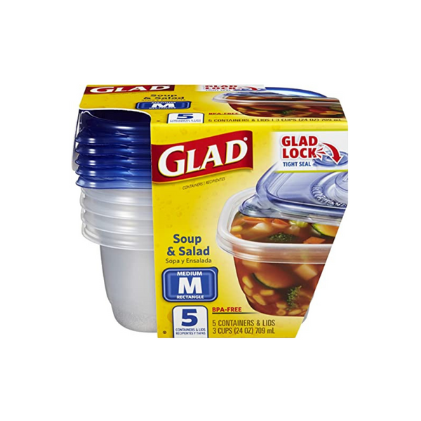 GladWare 24 Oz Food Storage Containers Pack of 5 for Soup & Salad, Medium Size 3 Cups
