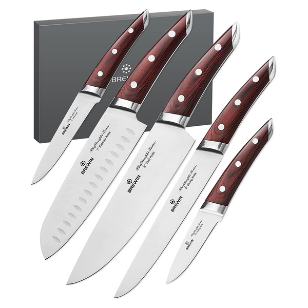 5 Chef Ultra Sharp Kitchen Knives With Red Pakkawood Handles