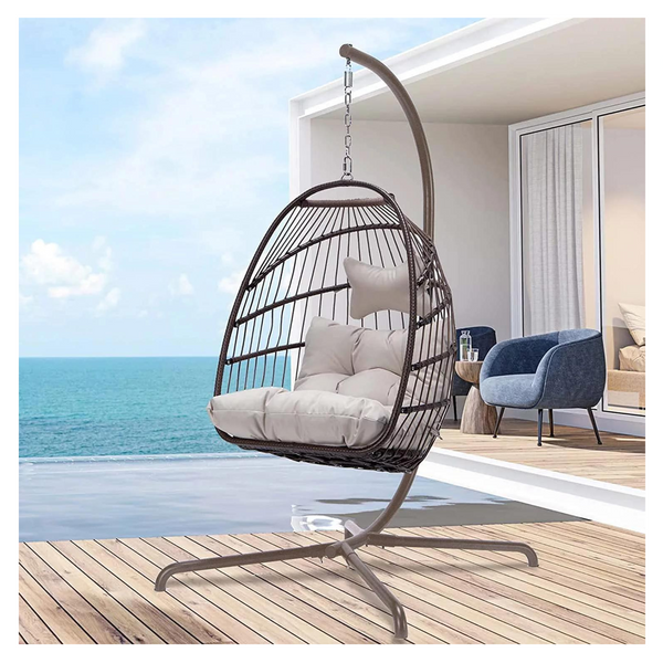 Silla tipo huevo colgante de mimbre marrón con soporte