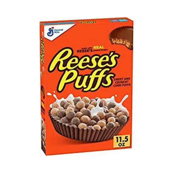 Caja de cereal de mantequilla de maní y chocolate Reese's Puffs