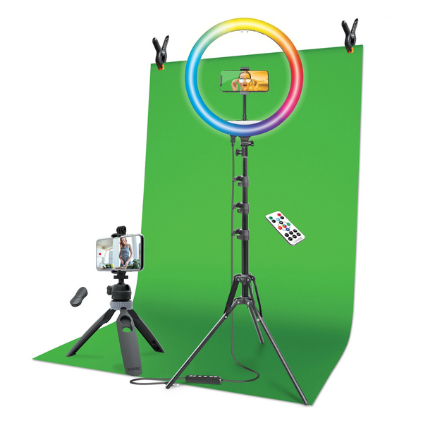Kit de creación de contenido con anillo de luz de 16 pulgadas, trípode ajustable y pantalla verde