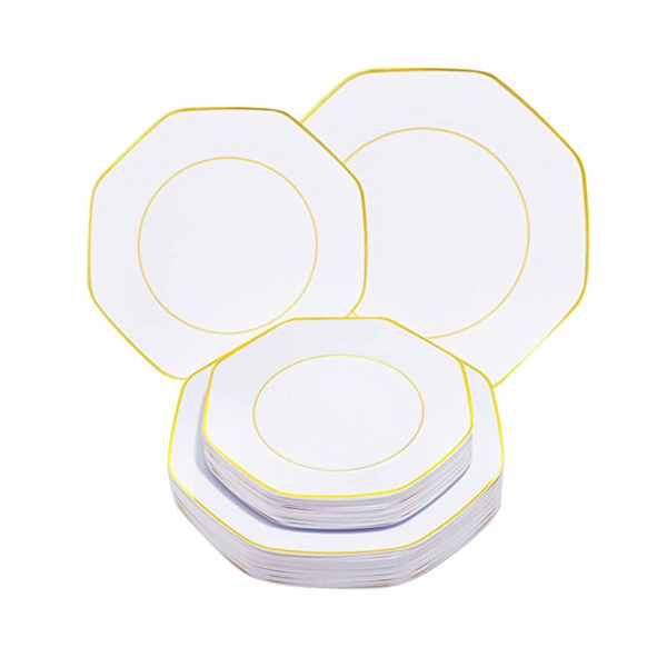 Pulote 60 platos de plástico blanco con bordes dorados