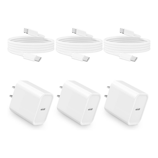 Paquete de 3 cargadores de pared tipo C de 20 W con cables USB C a Lightning de 6 pies