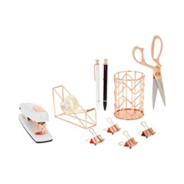 Kit de accesorios de escritorio de metal y alambre de oro rosa de 10 piezas
