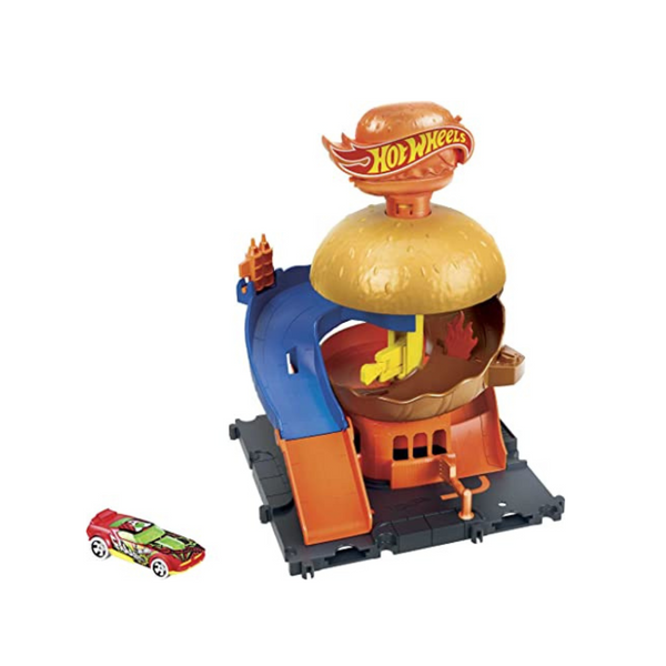 Hot Wheels Toy Car Track Set City Burger Drive-Thru Playset