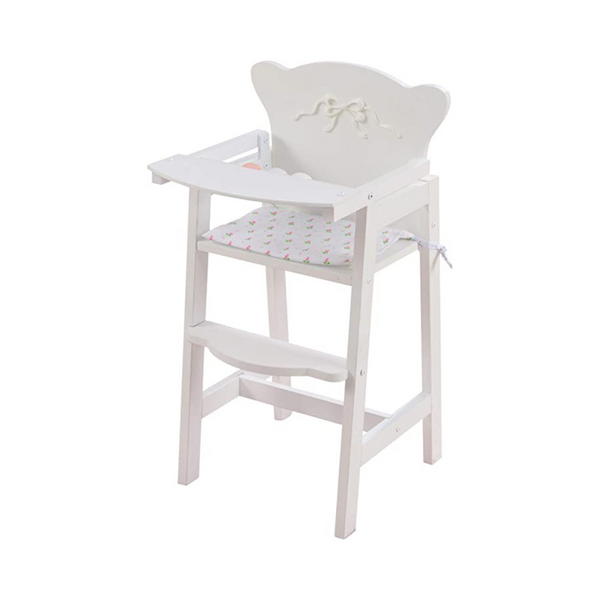 KidKraft Tiffany Bow Silla alta para muñecas Lil de madera con borde festoneado y cojín para asiento, color blanco