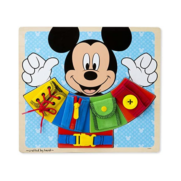 Melissa &amp; Doug Mickey Mouse Clubhouse Tablero de habilidades básicas de madera: cremallera, encaje, corbata, hebilla, botón y broche